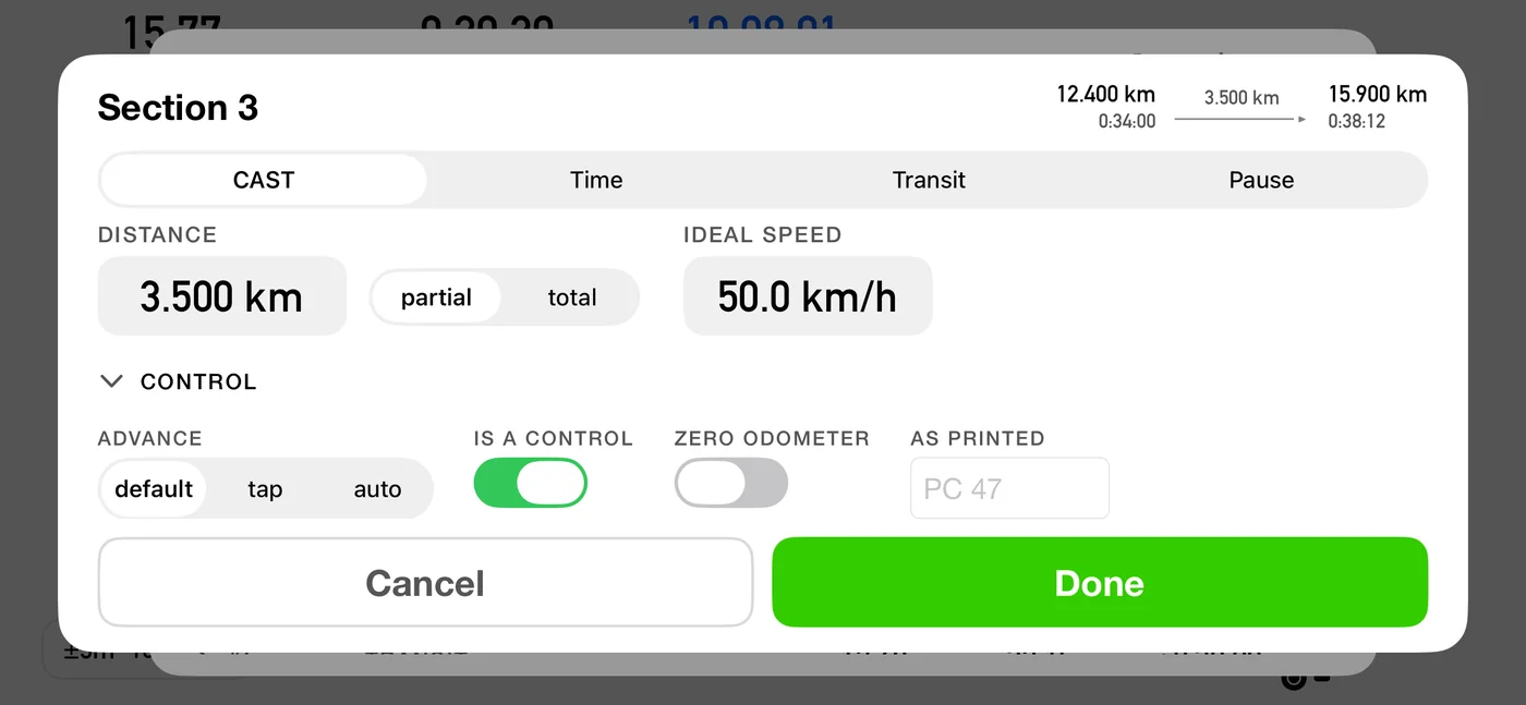 The 3pRally roadbook segment editor open over the Brescia to Ferrara roadbook: Section 3 set to CAST, 3.500 km partial, ideal speed 50.0 km/h, and the CONTROL panel expanded to show advance on default, IS A CONTROL switched on, ZERO ODOMETER off, and an AS PRINTED field showing PC 47