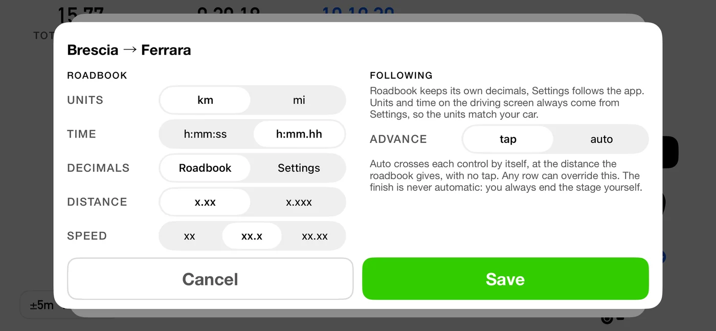 The 3pRally roadbook format panel on iPhone, headed ROADBOOK: units in kilometres or miles, time as h:mm:ss or decimal minutes, decimals set to Roadbook or Settings, distance to two or three decimals and speed to none, one or two, beside a FOLLOWING panel with advance set to tap or auto