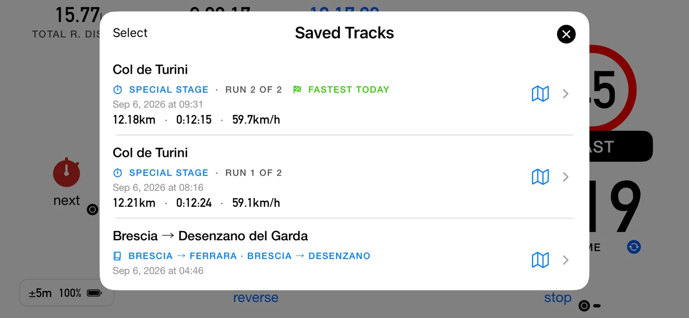 The 3pRally saved tracks list: two Col de Turini runs, both badged SPECIAL STAGE (run 2 of 2 at 0:12:15 flagged FASTEST TODAY, and run 1 of 2 at 0:12:24 below it), above a saved roadbook leg from Brescia to Desenzano del Garda