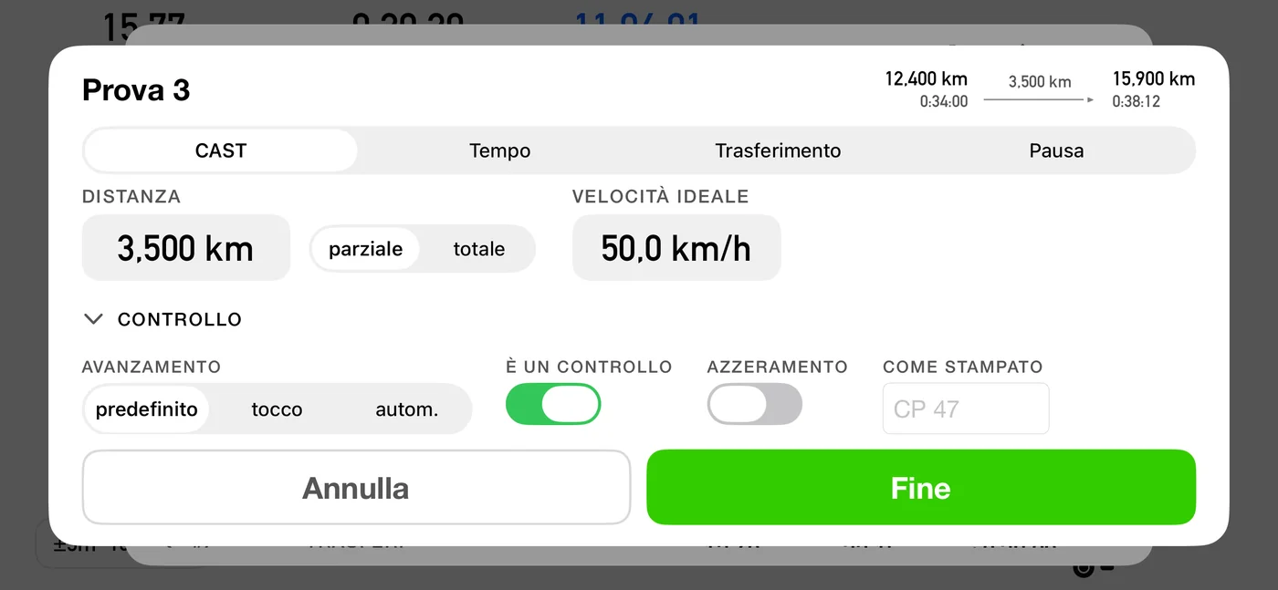 L'editor dei segmenti del roadbook di 3pRally aperto sul roadbook Brescia-Ferrara: Prova 3 impostata su CAST, parziale 3,500 km, velocità ideale 50,0 km/h, e il pannello CONTROLLO aperto a mostrare avanzamento su predefinito, È UN CONTROLLO attivo, AZZERAMENTO disattivato, e un campo COME STAMPATO che riporta CP 47