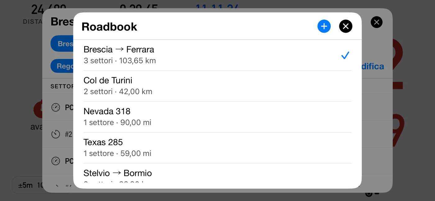 La libreria dei roadbook di 3pRally su iPhone, con cinque roadbook in elenco e Brescia-Ferrara spuntato come quello che si sta seguendo: Brescia-Ferrara, 3 settori su 103,65 km; Col de Turini, 2 settori su 42,00 km; Nevada 318, 1 settore su 90,00 miglia; Texas 285, 1 settore su 59,00 miglia; e Stelvio-Bormio
