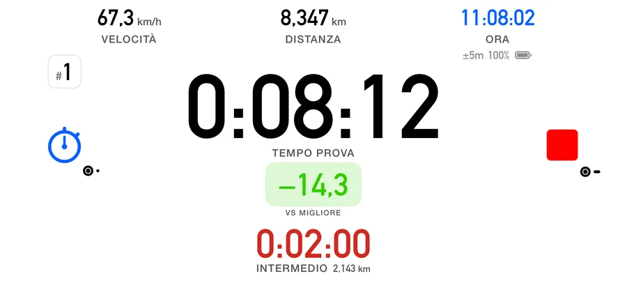 La schermata Prova speciale di 3pRally su iPhone durante una prova