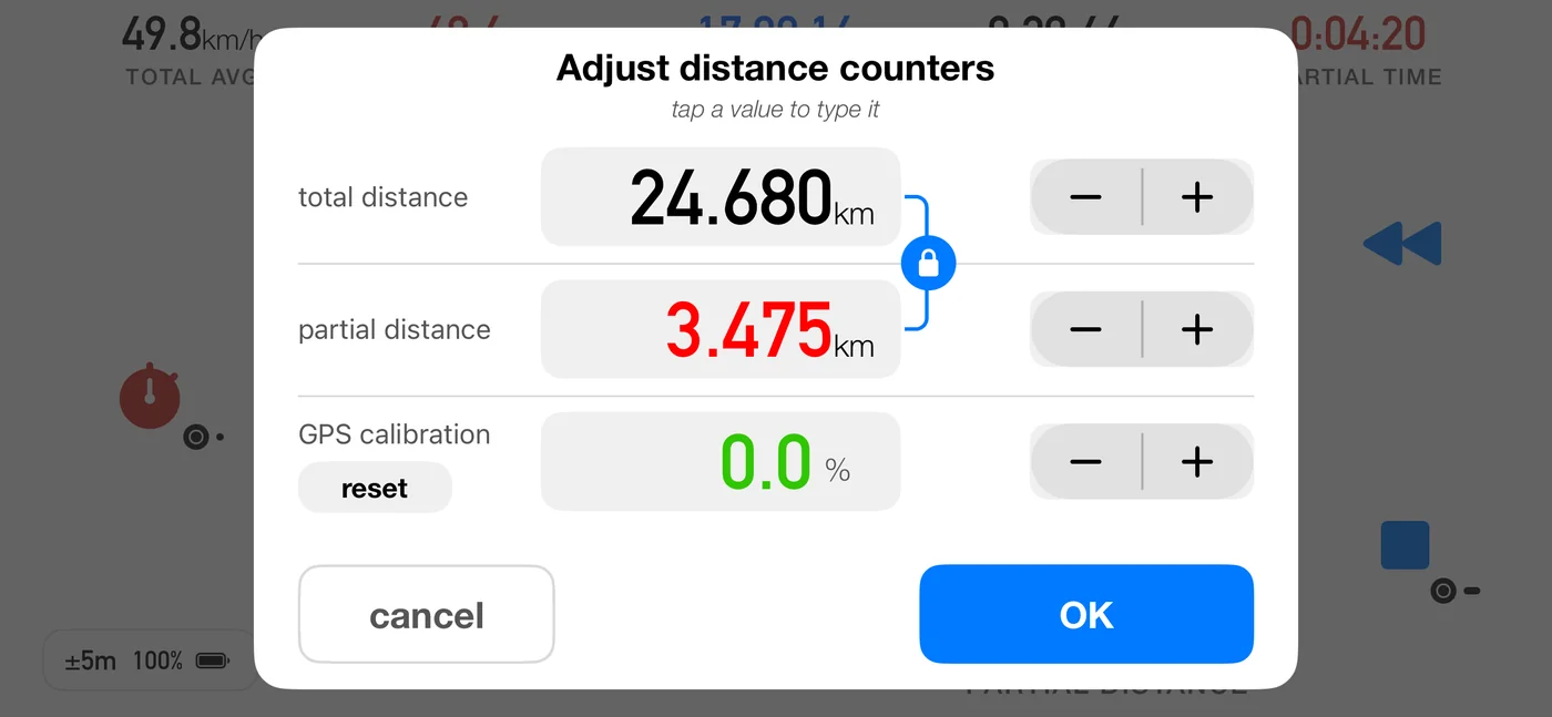 The Adjust distance counters dialog: total distance 24.680 km and partial distance 3.475 km, joined by a blue link lock, each with a − and + stepper; below them GPS calibration 0.0 % with its own stepper and a reset button; cancel and OK at the foot.