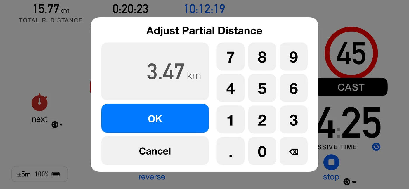 The Adjust Partial Distance keypad: the current value 3.47 km beside a number pad, with OK and Cancel.