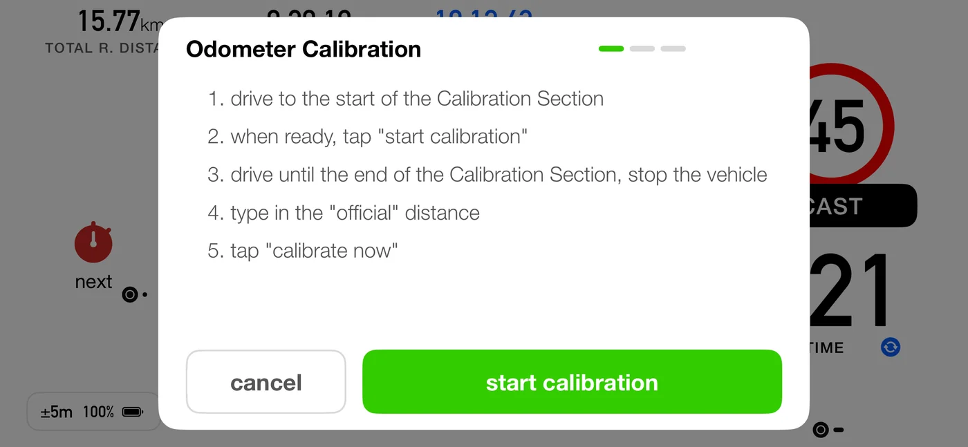 The Odometer Calibration sheet at its first step, listing the five stages: drive to the start of the calibration section, tap "start calibration", drive to the end and stop, type in the official distance, then tap "calibrate now". Below them sit cancel and a green "start calibration" button.
