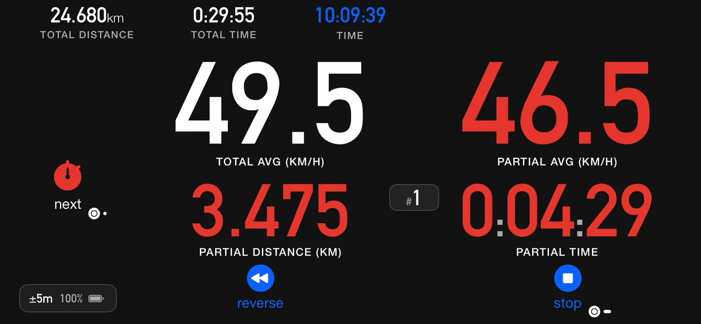 The same Advanced dashboard with Appearance set to Dark: a black ground, white total average, and the partial readouts in the app's night red.
