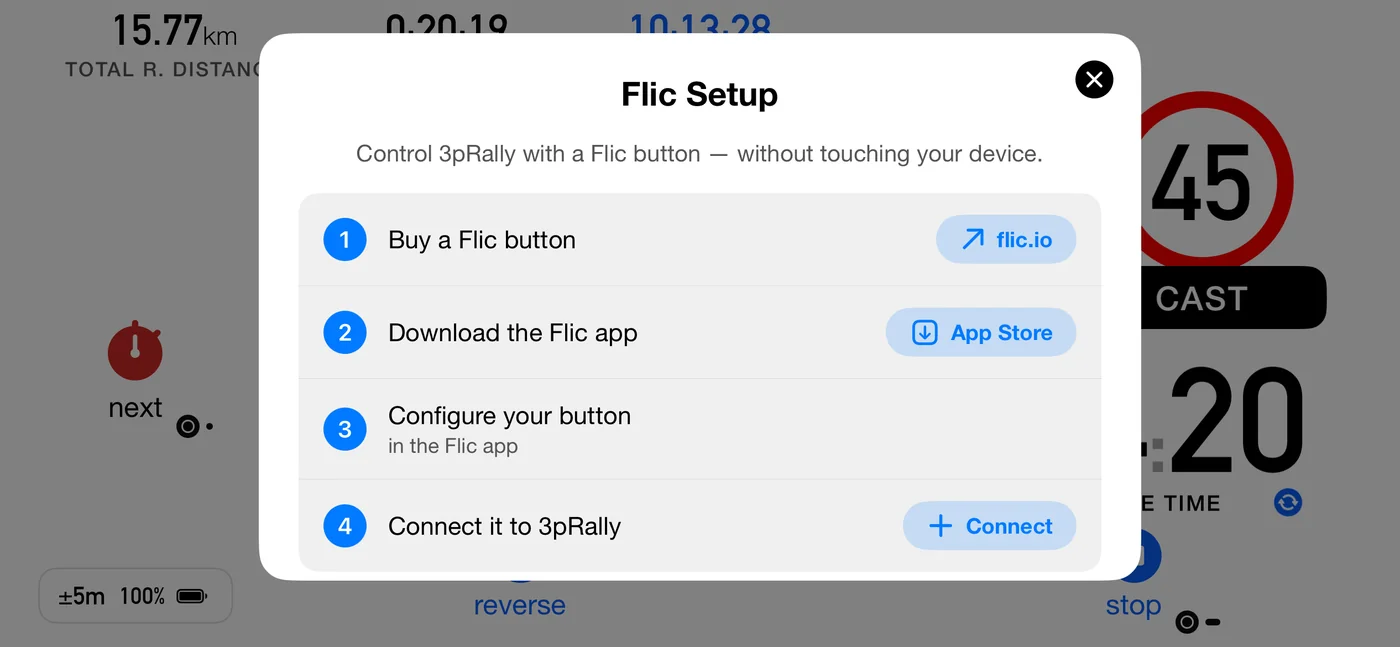 The Flic Setup sheet: its intro line offers control of 3pRally with a Flic button, without touching your device. Then four numbered steps: buy a Flic button, with a link to flic.io; download the Flic app, with an App Store button; configure your button in the Flic app; and connect it to 3pRally, with a Connect button.