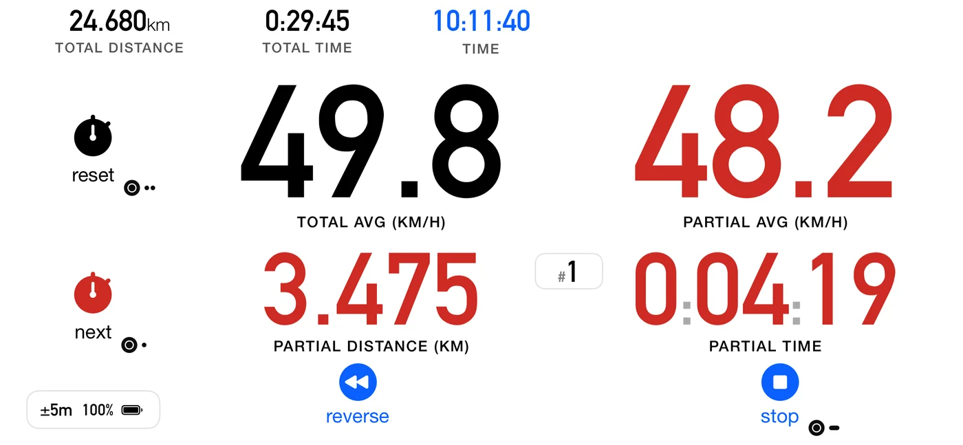 The Advanced dashboard with Quick restart enabled: a black "reset" stopwatch control appears above the usual red "next" control on the left edge, giving the two a separate tap each.
