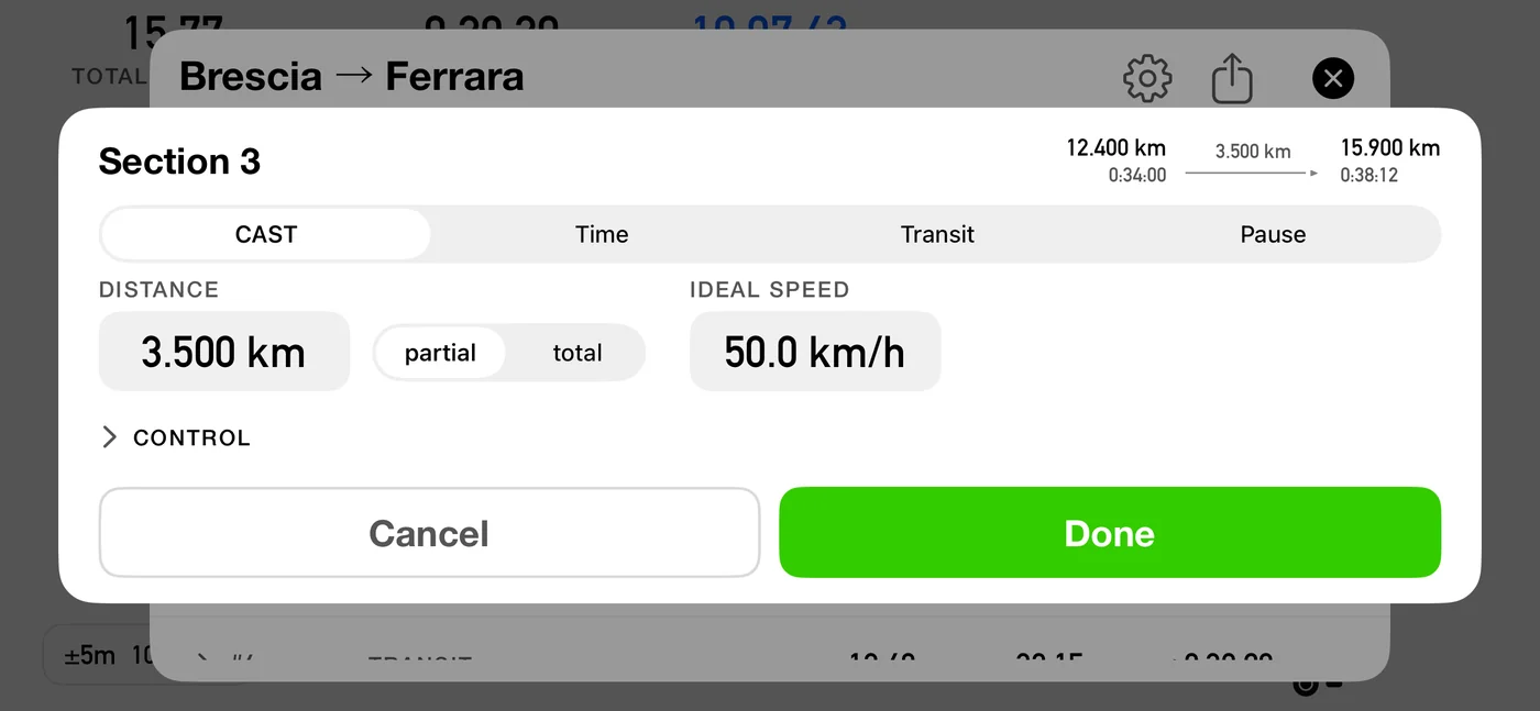 The row editor for Section 3: a CAST / Time / Transit / Pause selector across the top, DISTANCE 3.500 km with a partial-or-total toggle, IDEAL SPEED 50.0 km/h, a collapsed CONTROL disclosure, and Cancel and Done. The header shows the row running from 12.400 km at 0:34:00 to 15.900 km at 0:38:12.