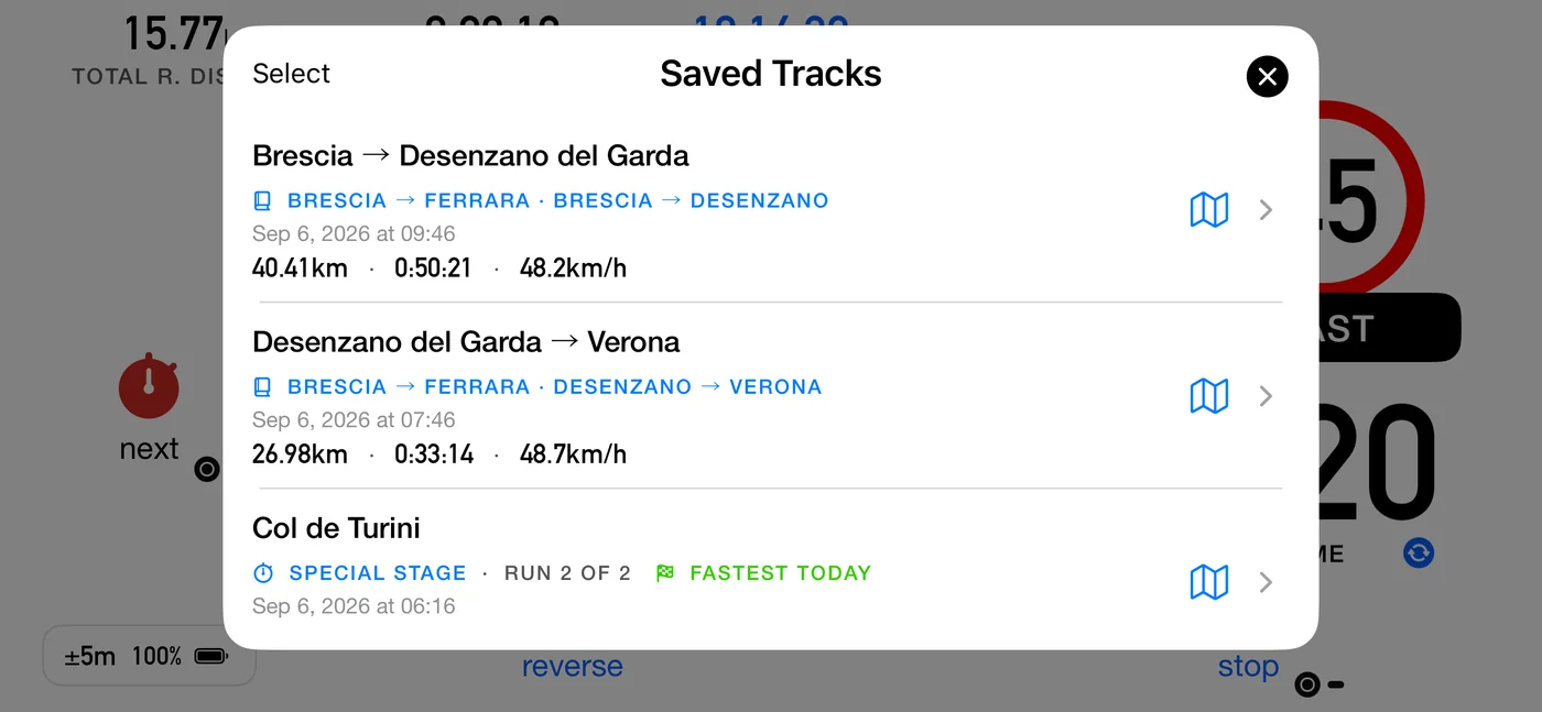 The saved-tracks list. Two roadbook runs titled by place: Brescia → Desenzano del Garda, badged BRESCIA → FERRARA · BRESCIA → DESENZANO, 40.41 km · 0:50:21 · 48.2 km/h, and Desenzano del Garda → Verona below it. Then a Col de Turini run badged SPECIAL STAGE · RUN 2 OF 2 with a green FASTEST TODAY flag, its own distance, time and speed below the fold of the card.