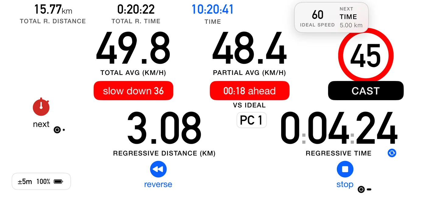 The look-ahead banner in the top-right corner of the Roadbook dashboard, reading "60 IDEAL SPEED" beside "NEXT TIME 5.00 km". That is the part after this one, shown before you reach it.